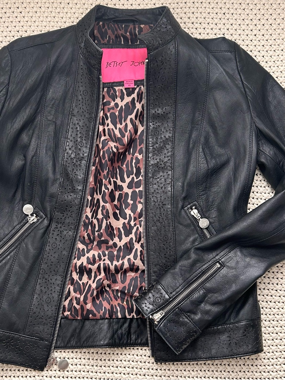 Betsey Johnson Y2K Leopard Lined Leather Moto Jacket XS